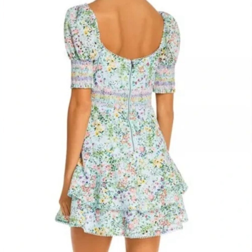 Alice + Olivia Crawford Blue Floral Puff Sleeve Dress Sz 6 - Picture 2 of 6